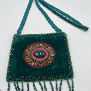 Handcrafted Boho Artisan Green Velvet Beaded Bag Feather Gem Bead Fringe Beaded